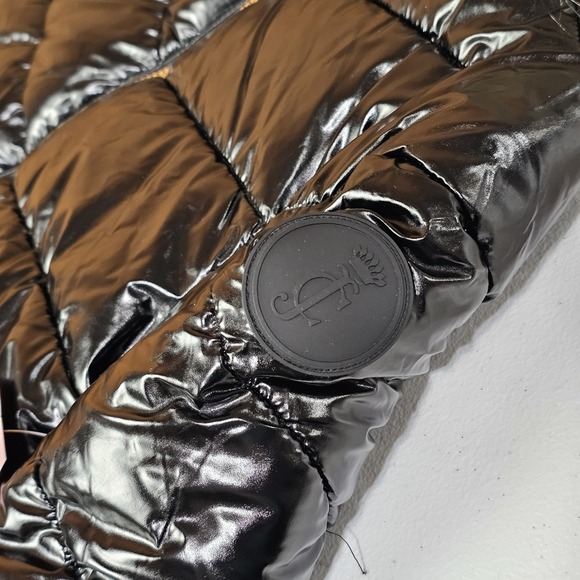 NWT Juicy Couture Kids Puffer Jacket Girls M 10/12 Shiny Black Faux Fur Hooded - Picture 3 of 8